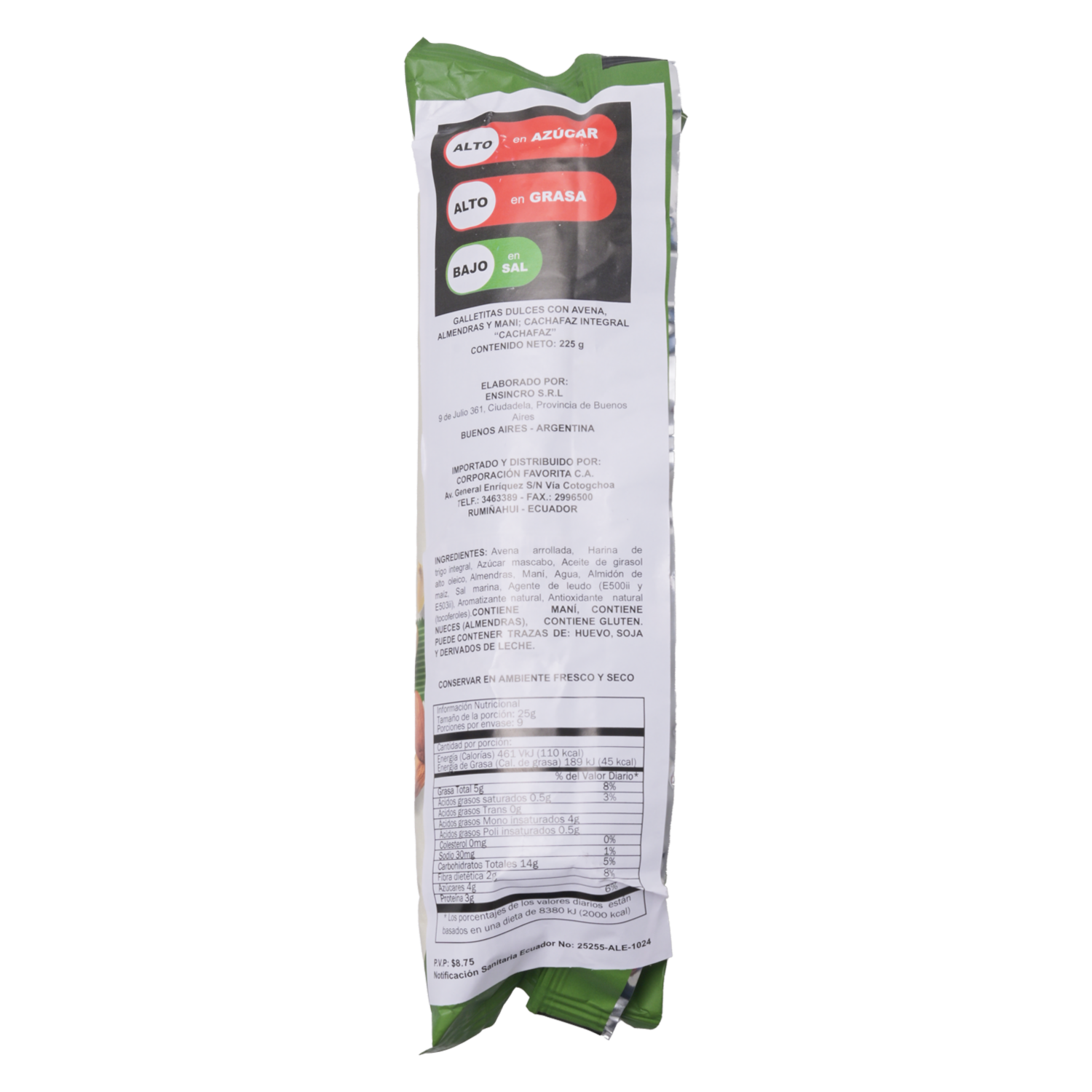 Galletas Integrales De Avena Almendras Y Maní CACHAFAZ 225 G