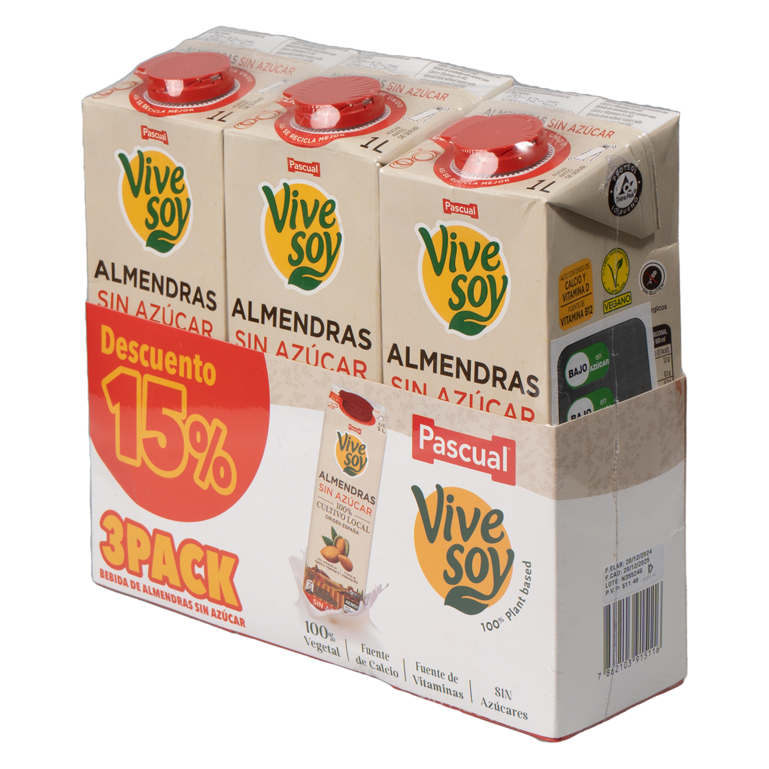 Bebida De Almendras Sin Azúcar VIVE SOY 3 X 1 000 ml