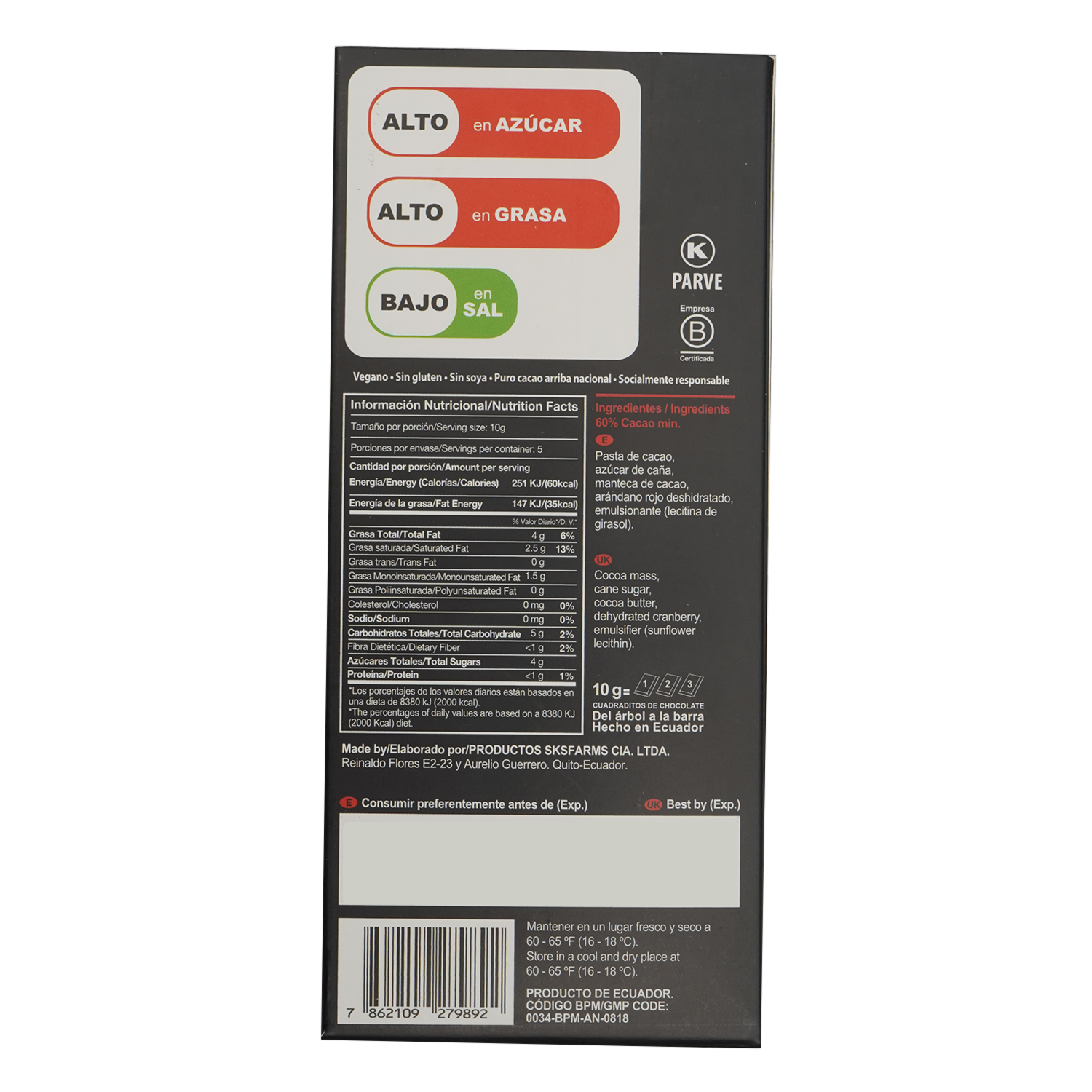 Chocolate 60% Arándano Rojo PACCARI 50 G