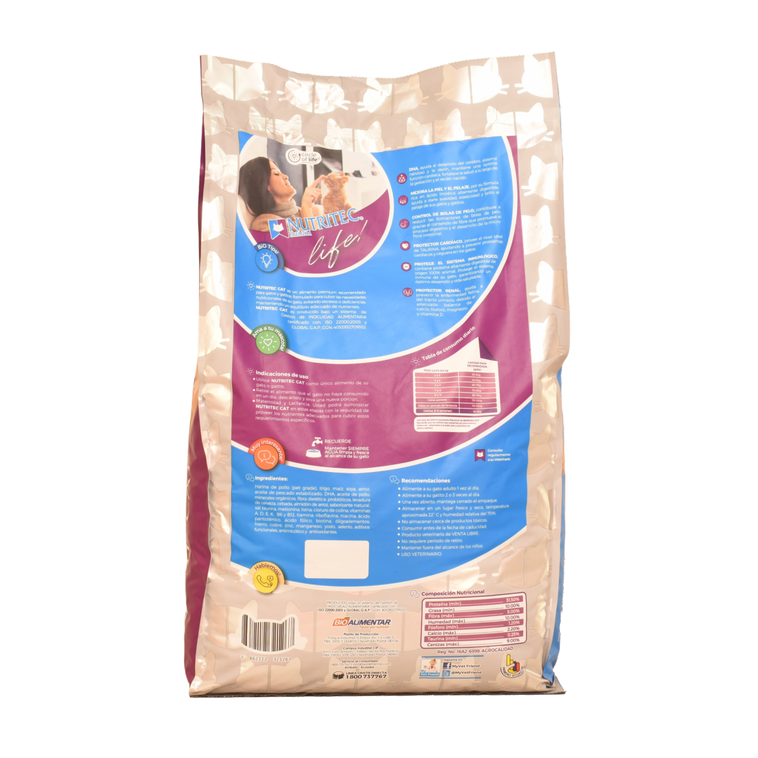 Alimento Para Gatos Y Gatitos Sabor A Pollo Y Vegetales 31.5% Proteína NUTRITEC 8 Kg