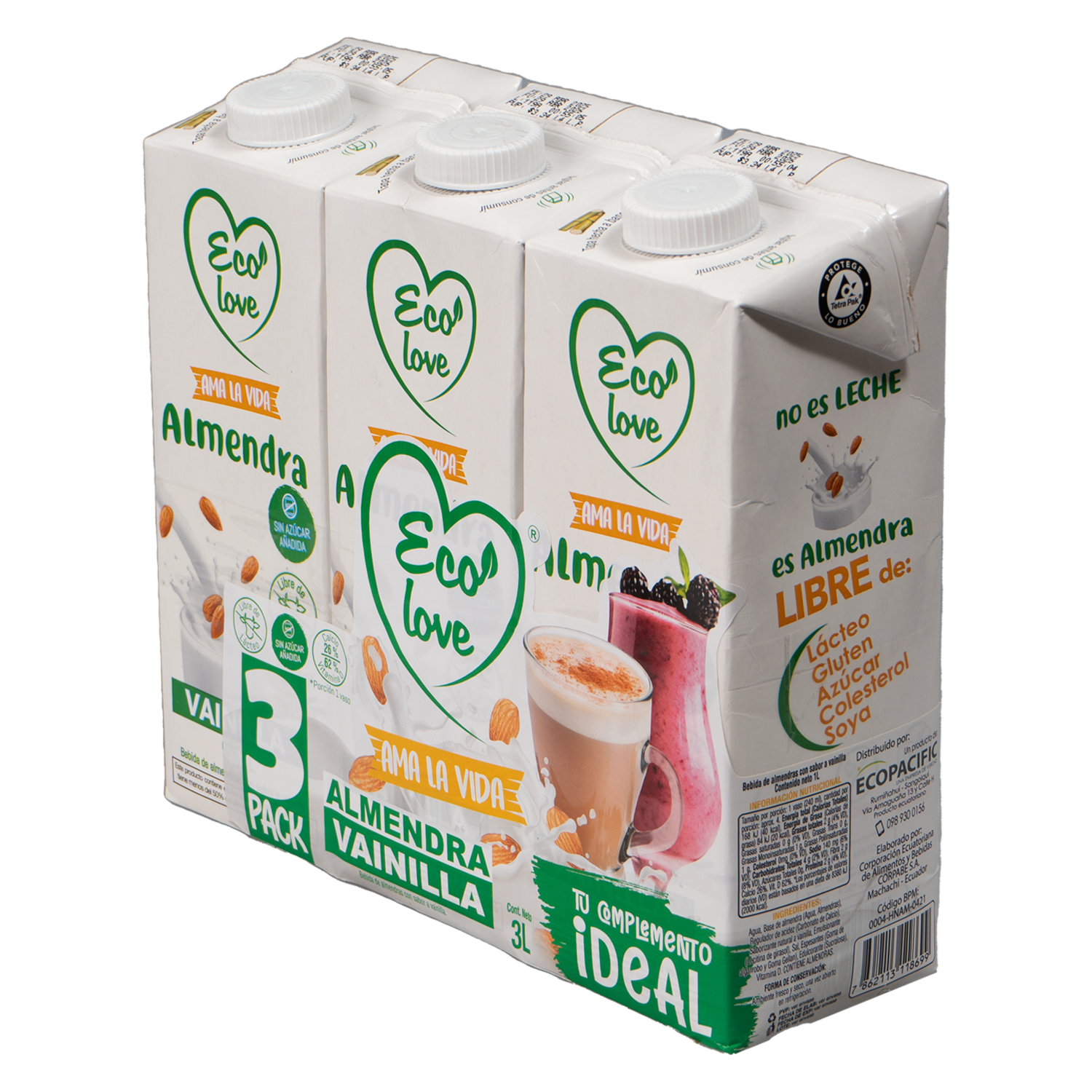 Bebida De Almendras Sabor A Vainilla ECOLOVE 3 X 1 000 Ml