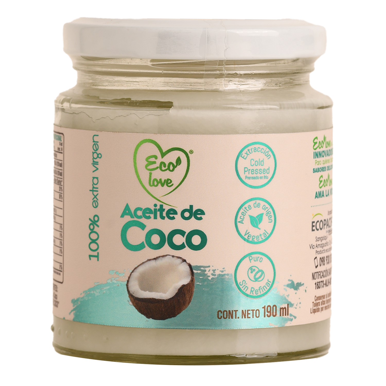 Aceite De Coco 100 % Extra Virgen ECOLOVE 190 Ml