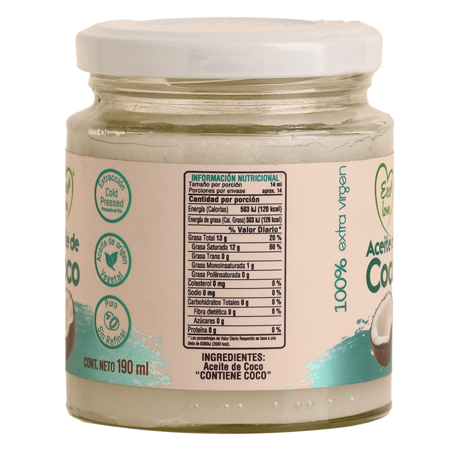 Aceite De Coco 100 % Extra Virgen ECOLOVE 190 Ml
