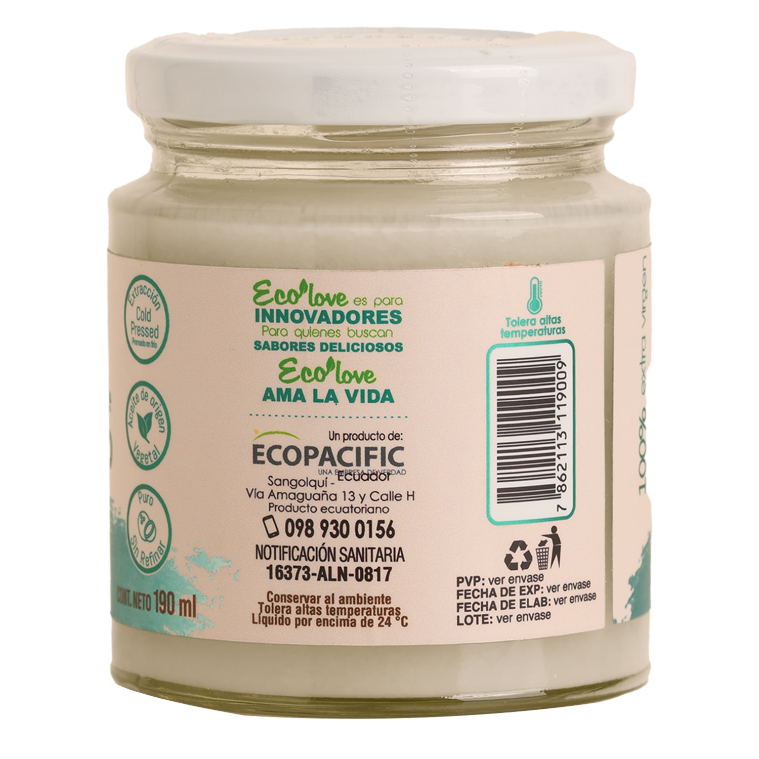 Aceite De Coco 100 % Extra Virgen ECOLOVE 190 Ml
