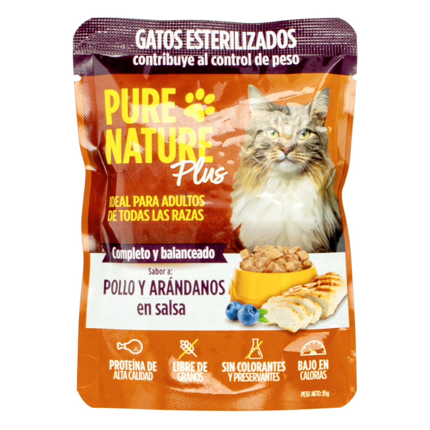 Alimento Para Gatos Plus Esterilizado Sabor A Pollo Y Arándanos PURE NATURE 85 G