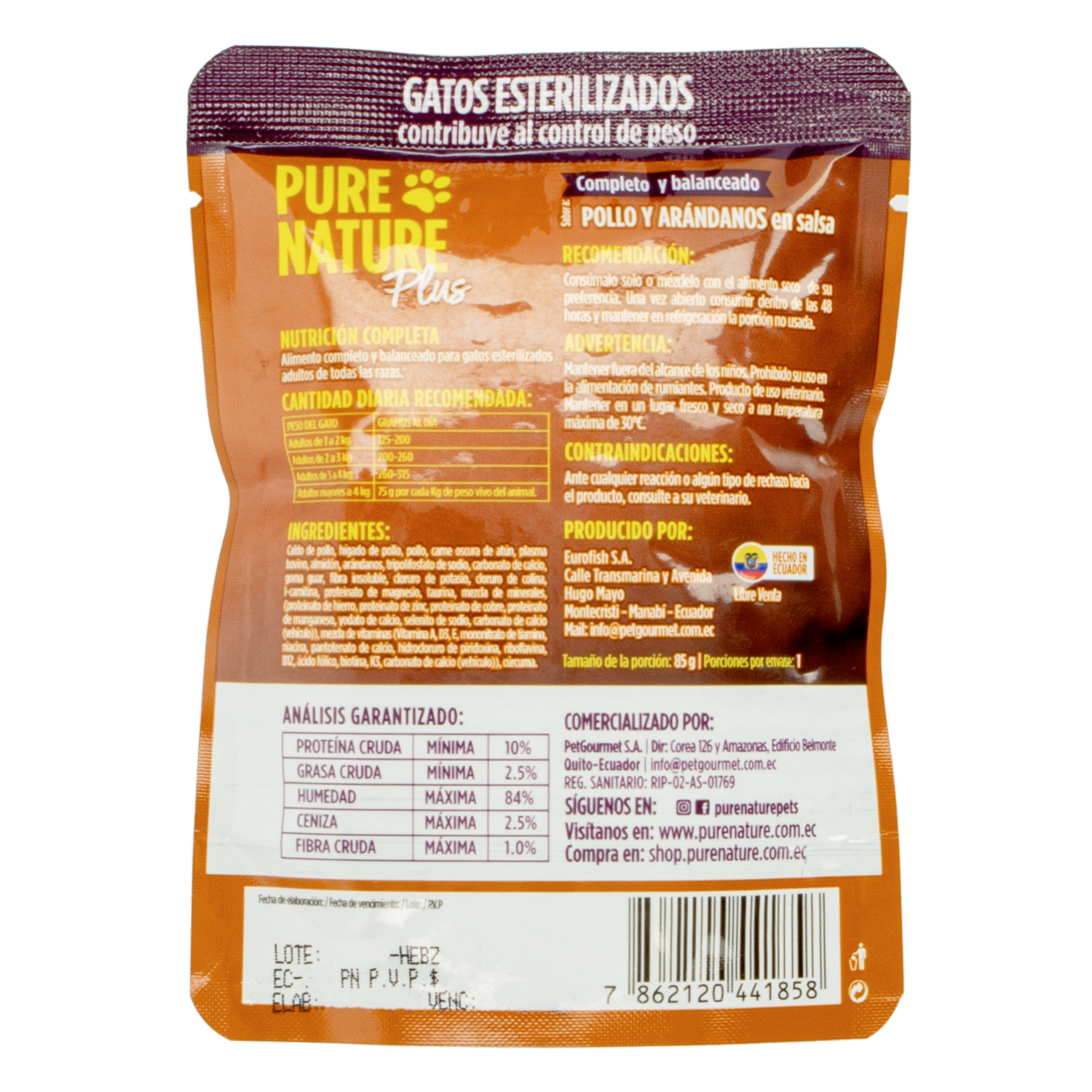 Alimento Para Gatos Plus Esterilizado Sabor A Pollo Y Arándanos PURE NATURE 85 G
