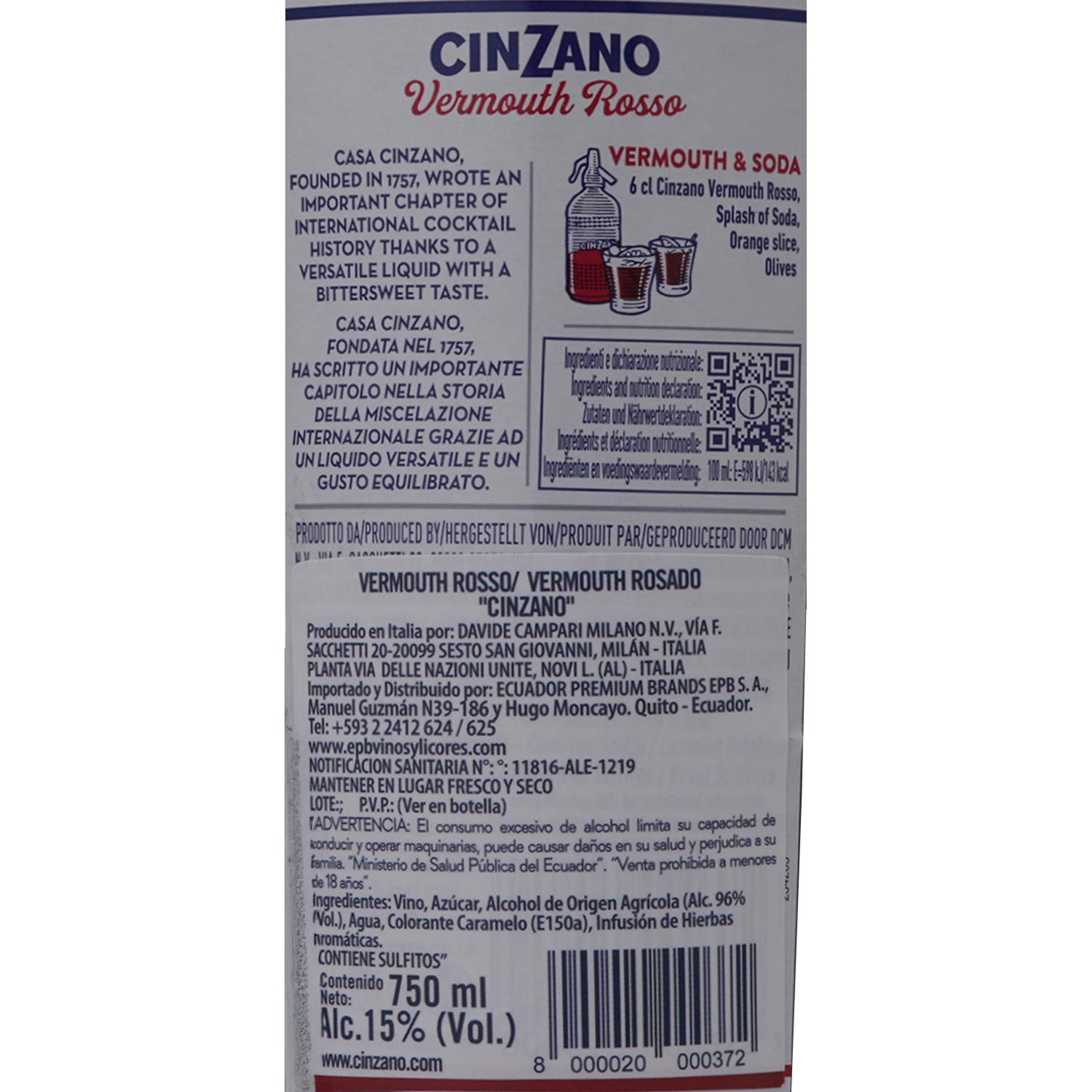 Vino Vermouth Rosso CINZANO 750 Ml