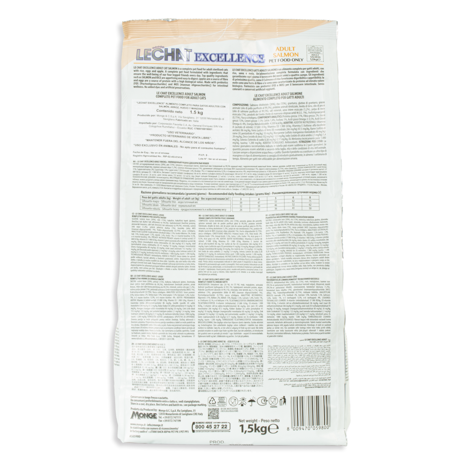 Alimento Para Gatos Adultos Con Salmon Arroz Huevo Manzana EXCELLENCE 1500 G