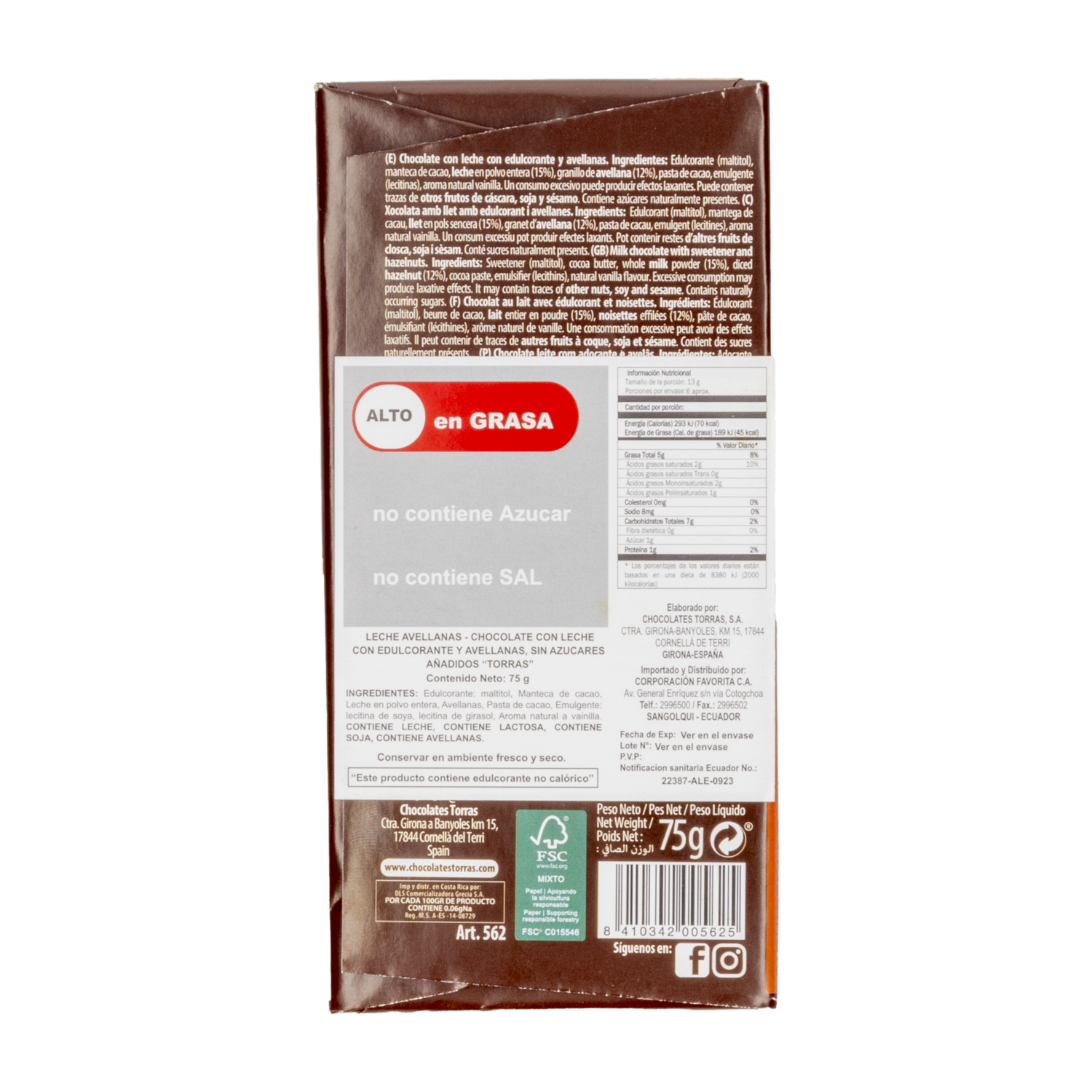 Chocolate Con Leche Y Avellanas TORRAS 75 G