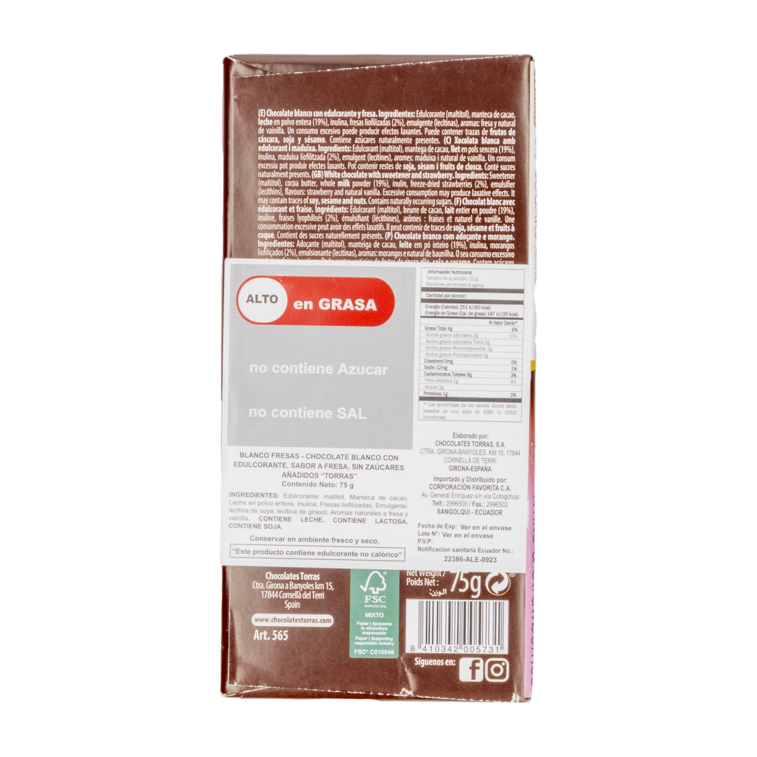Chocolate Blanco Sabor A Avena TORRAS 75 G