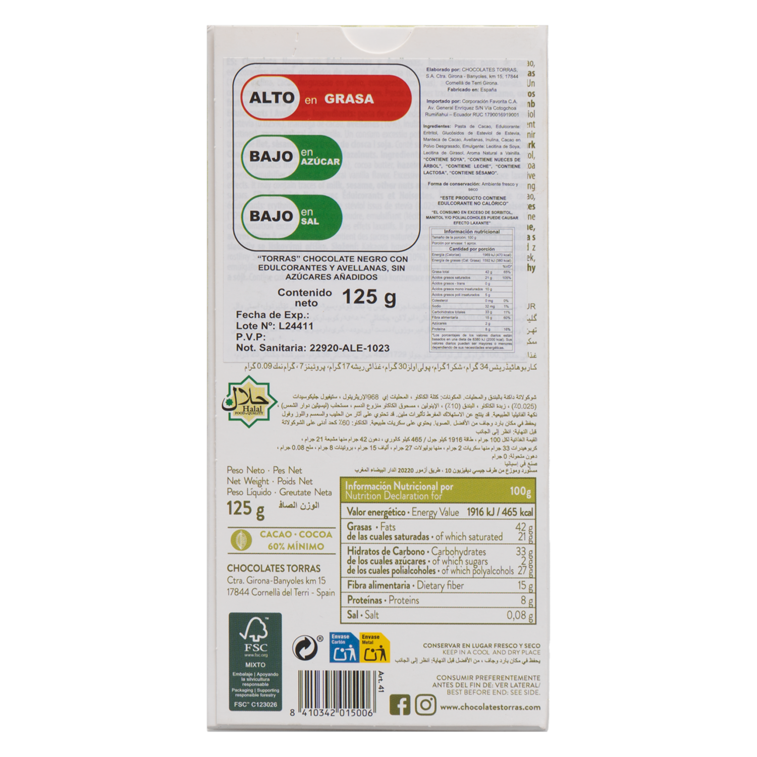 Chocolate Negro Y Avellanas Con Stevia Sin Azúcar Añadida TORRAS 125 G
