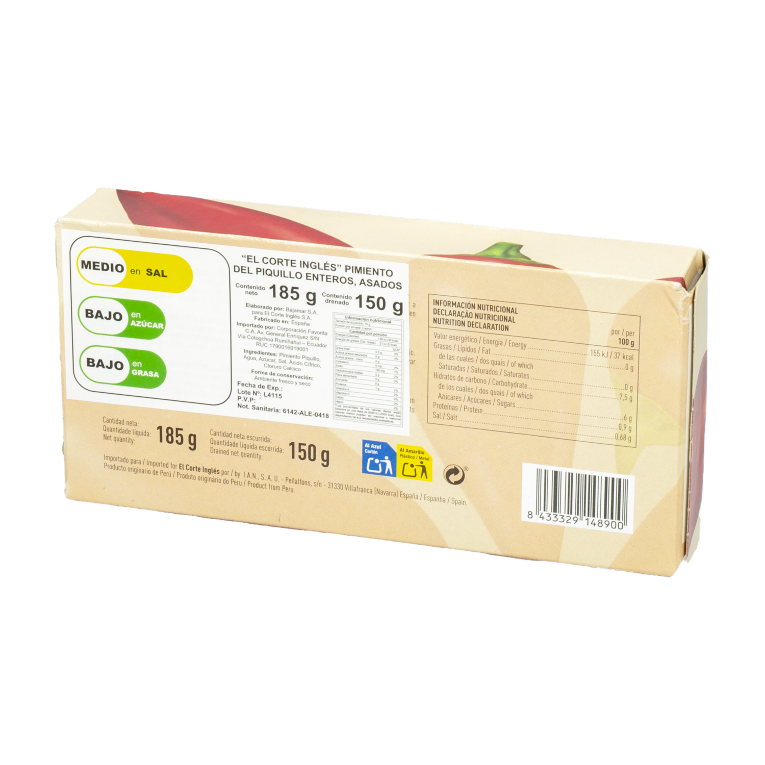 Pimientos Piquillos Enteros Asados EL CORTE INGLÉS 185 G