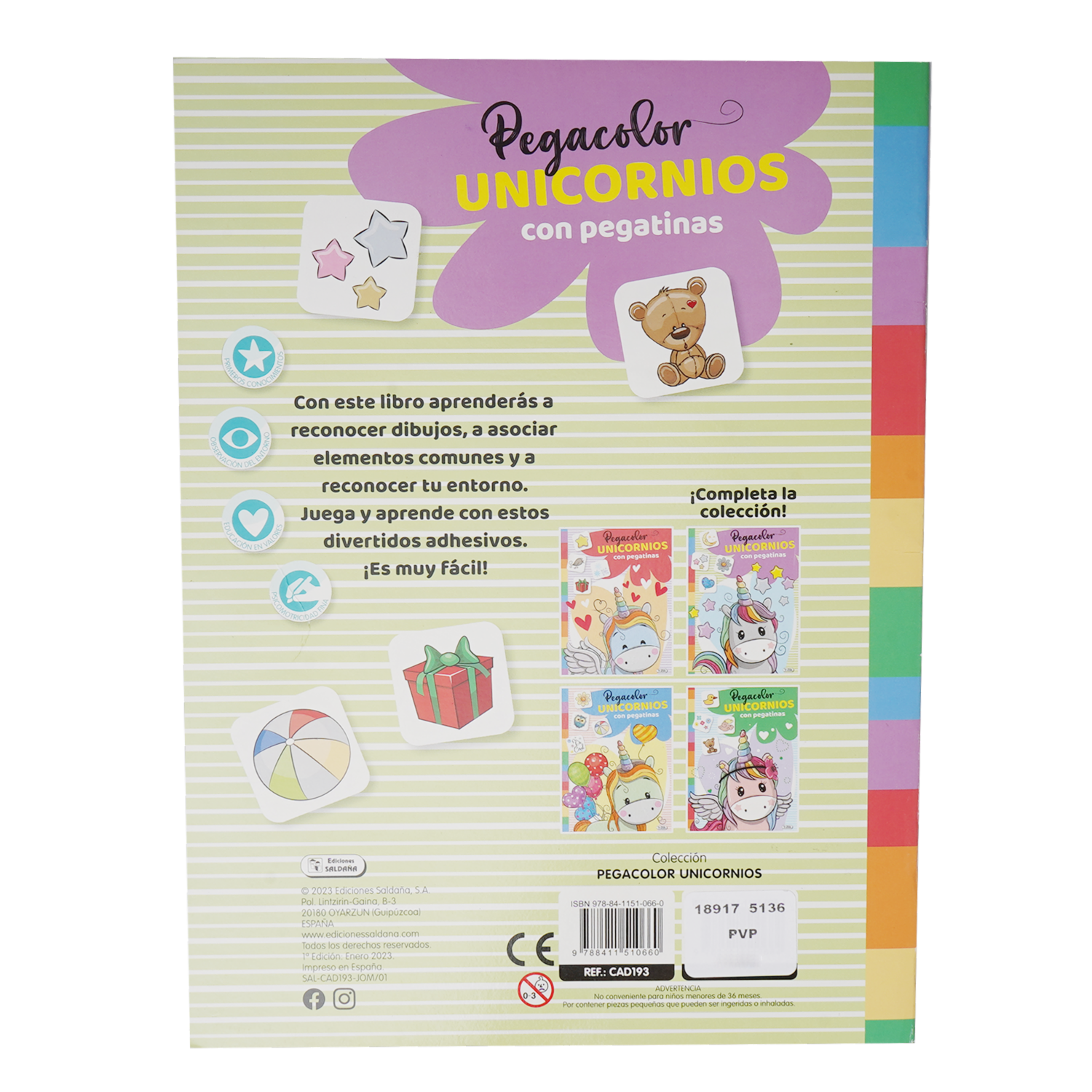 Libro Pegacolor Unicornios Con Pegatinas SALDAÑA 16 Páginas