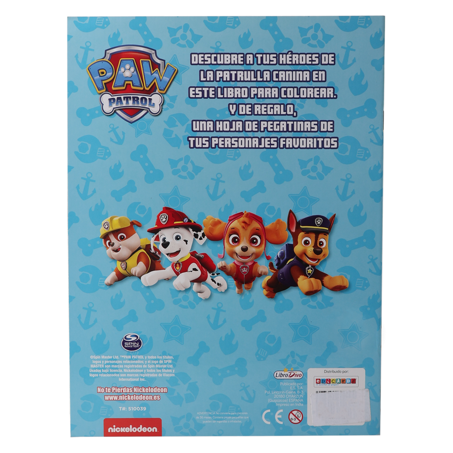Libro Paw Patrol Color Con Pegatinas Pasta Azul LIBRO DIVO 15 Páginas