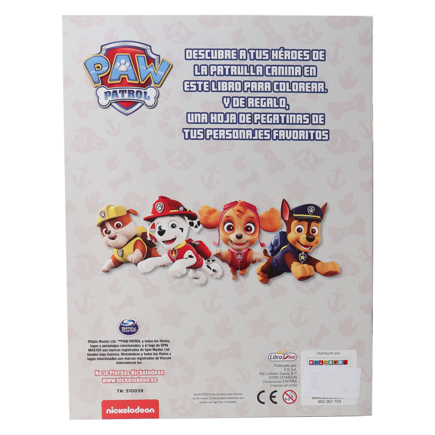 Libro Paw Patrol Color Con Pegatinas Pasta Gris LIBRO DIVO 15 Páginas