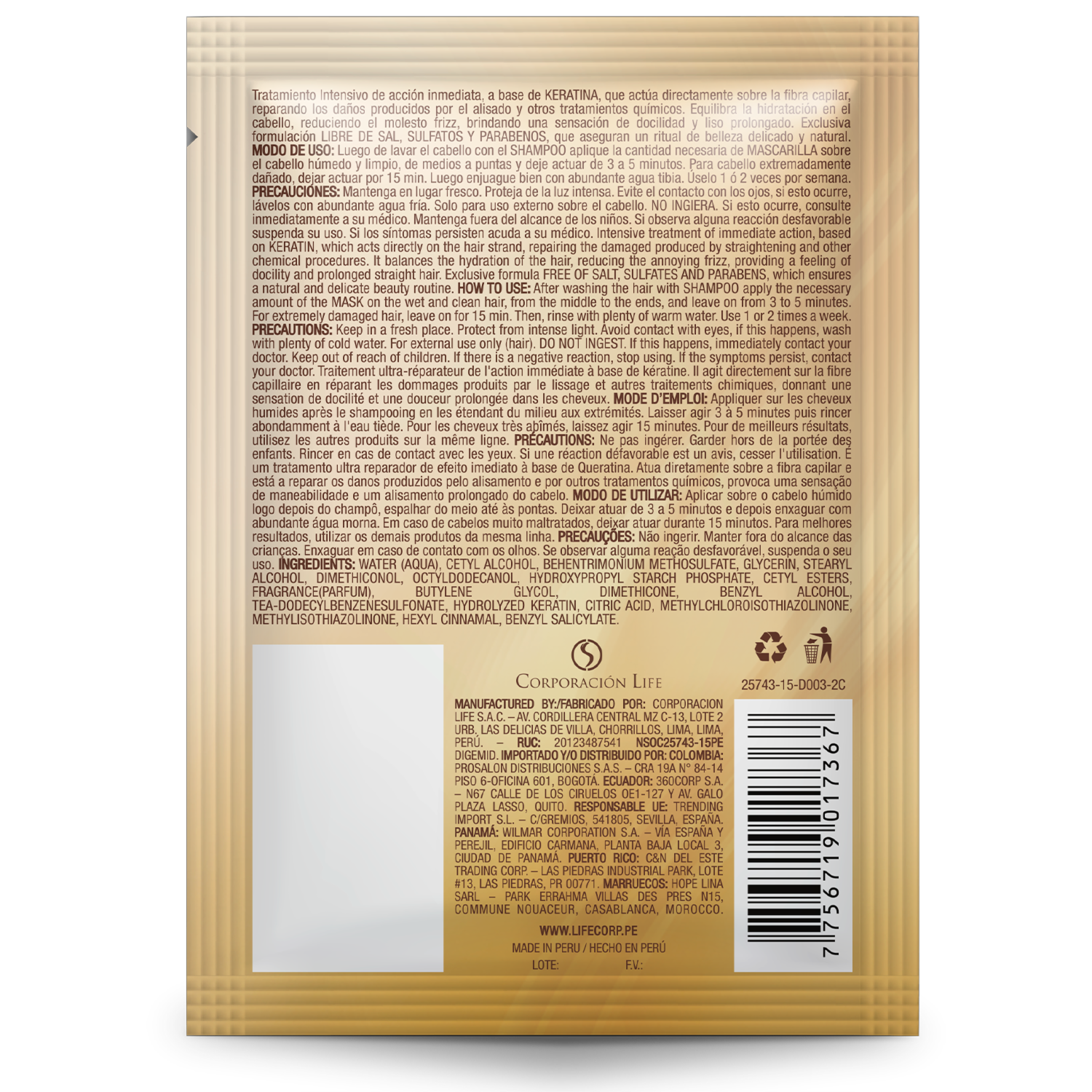 Tratamiento Capilar Cabello Liso Y Brillante Con Keratina BE NATURAL 35 G