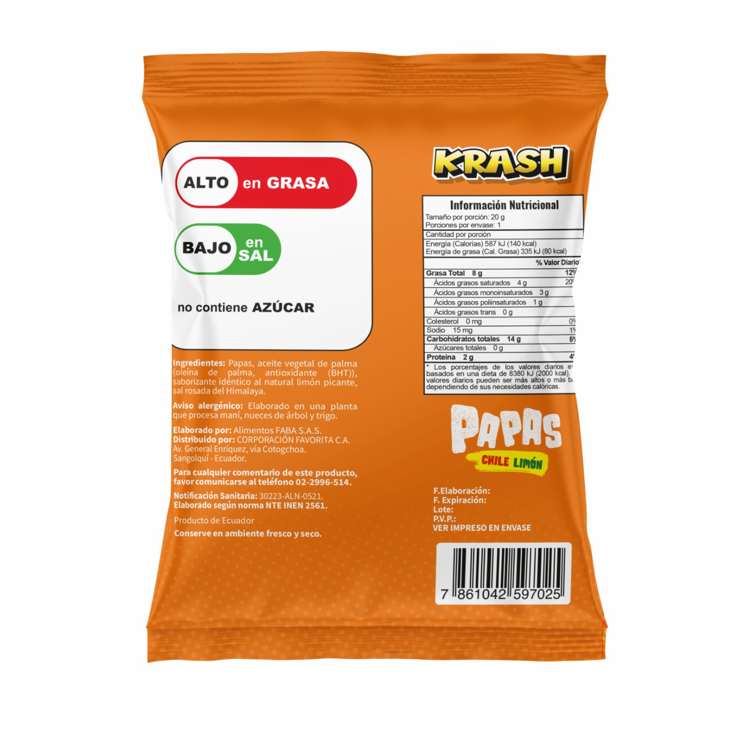 Papas Fritas Sabor A Limón Picante Con Pic Ajín KRASH 20 G