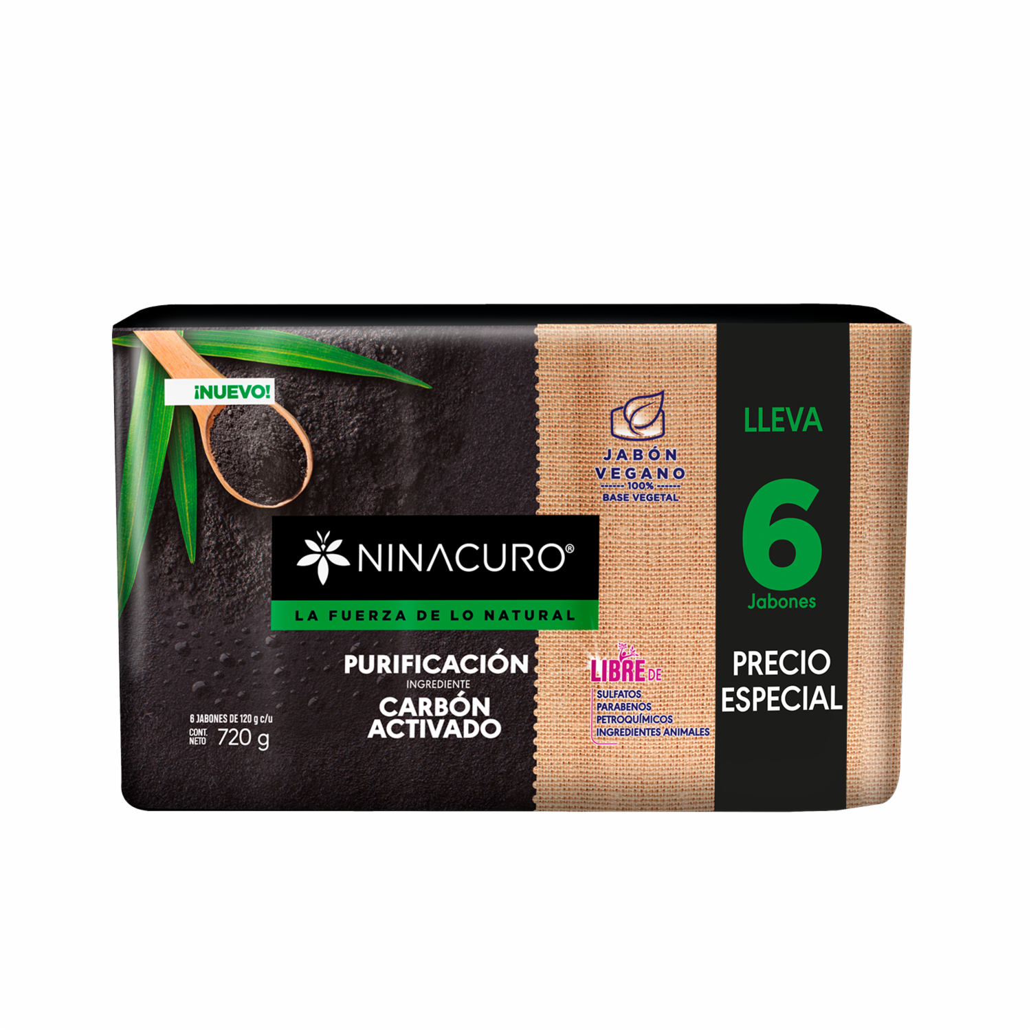 Jabón En Barra Purificación Con Carbón Activado NINACURO 6 X 120 G