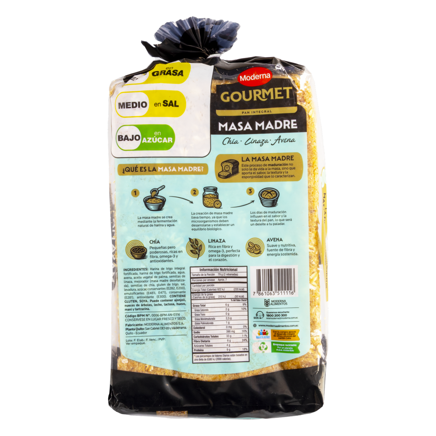 Pan Integral Rebanado De Masa Madre Chia Linaza Y Avena Gourmet MODERNA 550 G