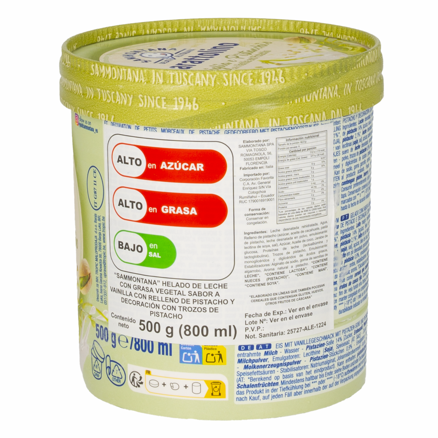 Helado De Vainilla Y Pistacho Barattolino SAMMONTANA 500 G