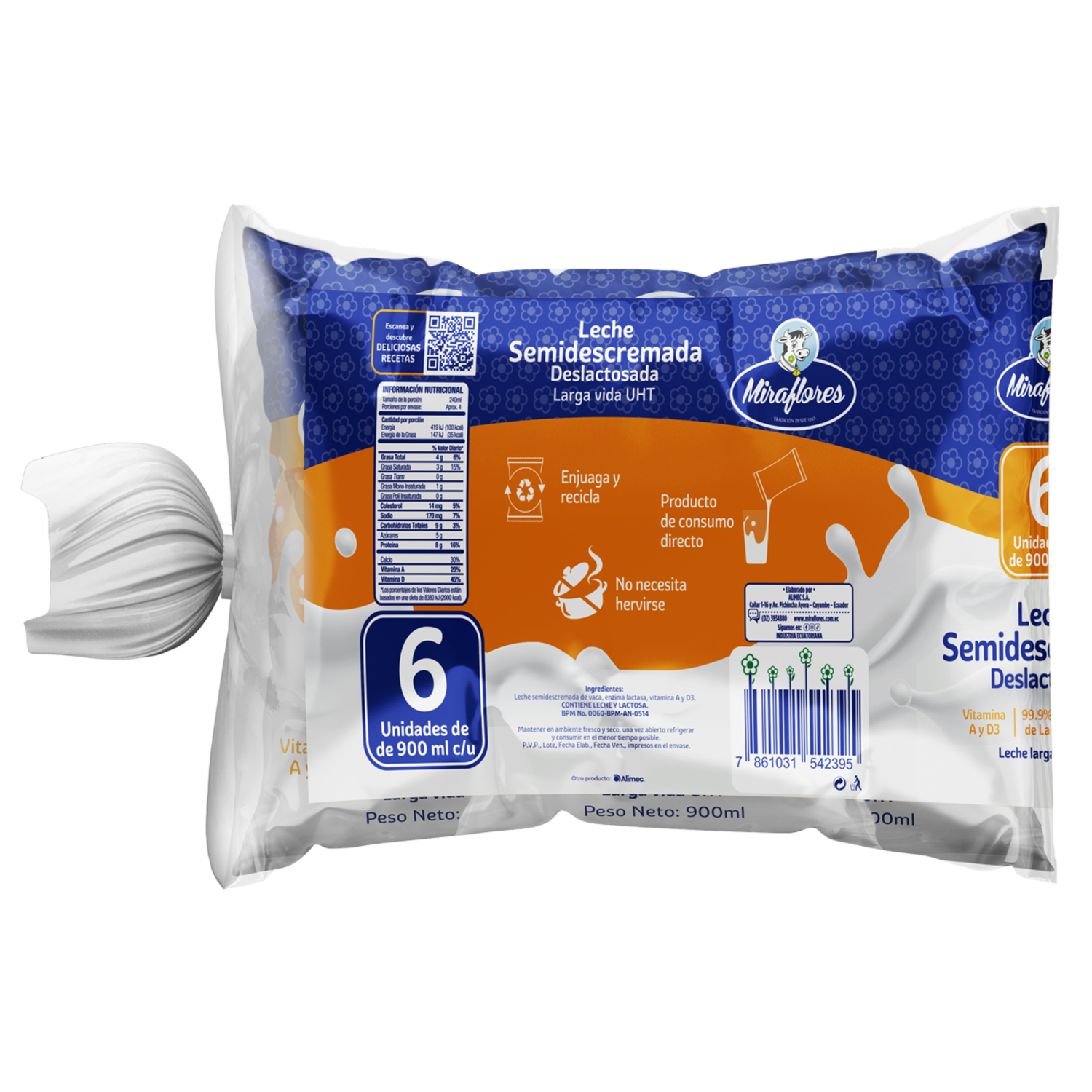 Leche Semidescremada Deslactosada MIRAFLORES 6 X 900 Ml