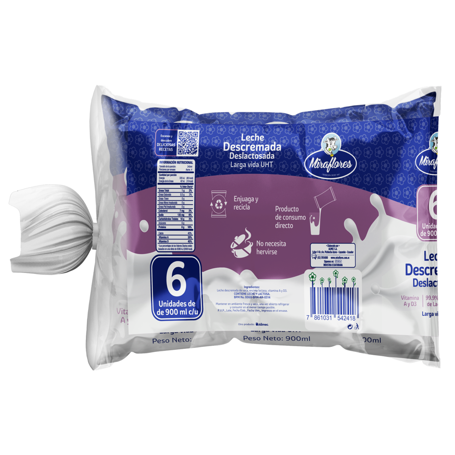 Leche Descremada Deslactosada MIRAFLORES 6 X 900 Ml
