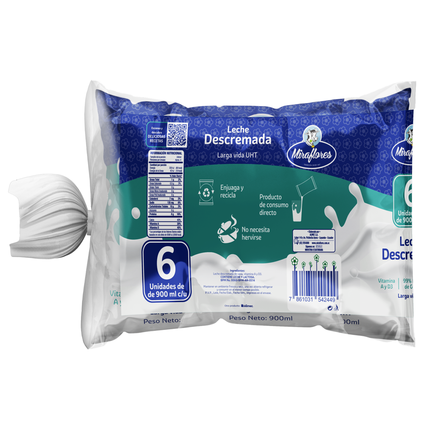 Leche Descremada Larga Vida MIRAFLORES 6 X 900 Ml