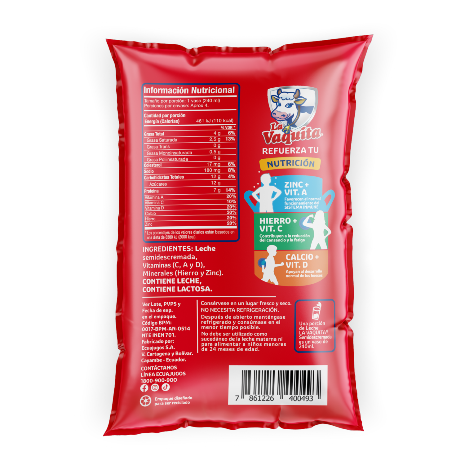 Leche Semidescremada Fortificada LA VAQUITA 900 Ml