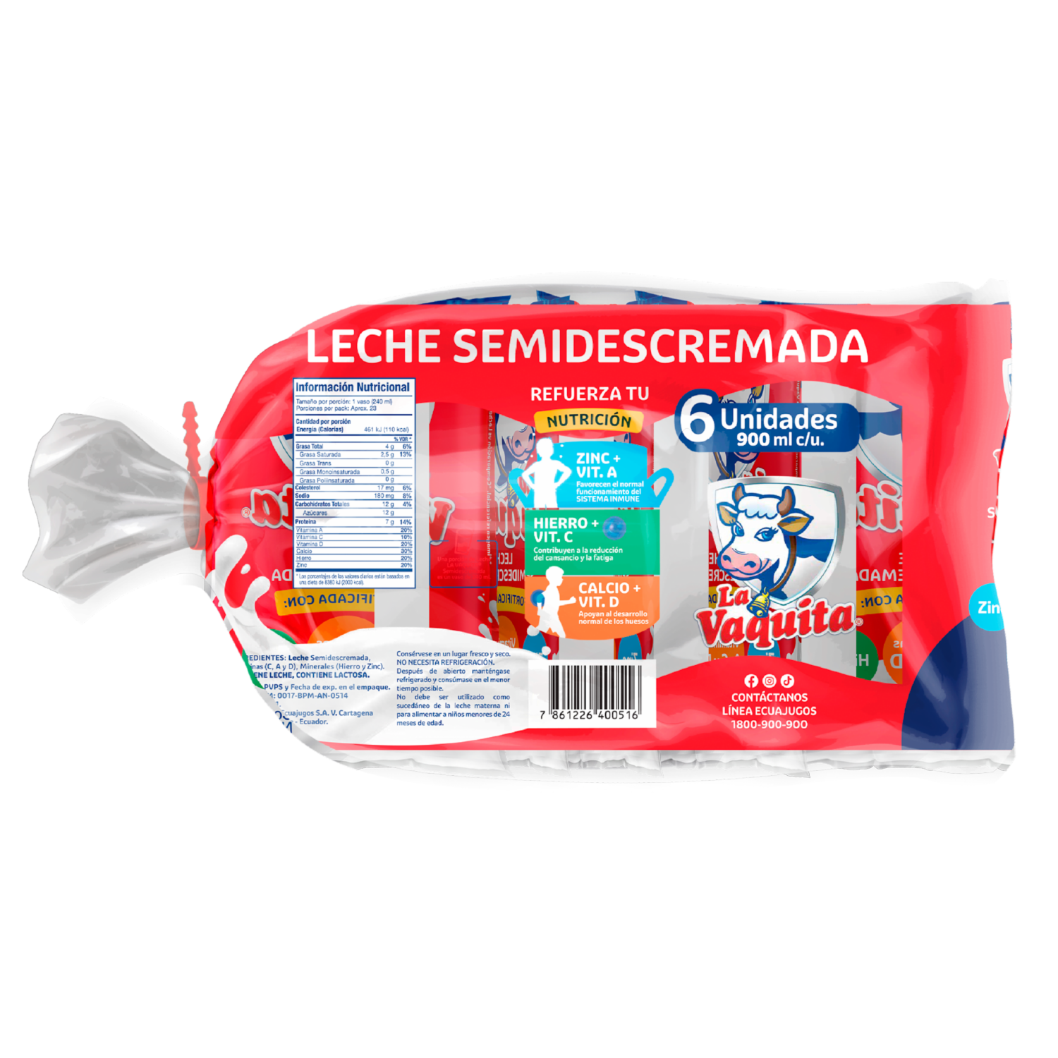 Leche Semidescremada Fortificada LA VAQUITA 6X900 Ml