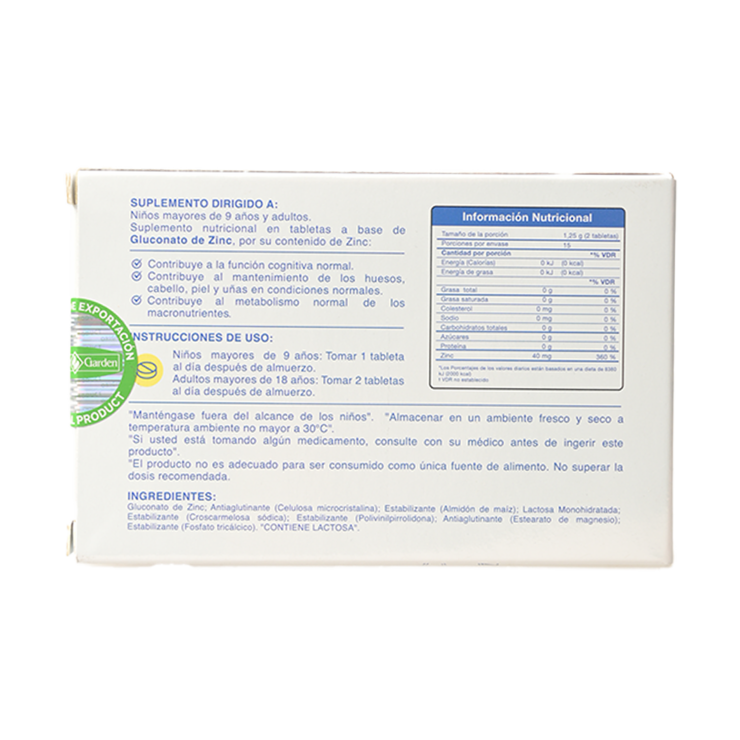 Suplemento Nutricional Gluconato Y Zinc NATURE’S GARDEN 30 Unidades