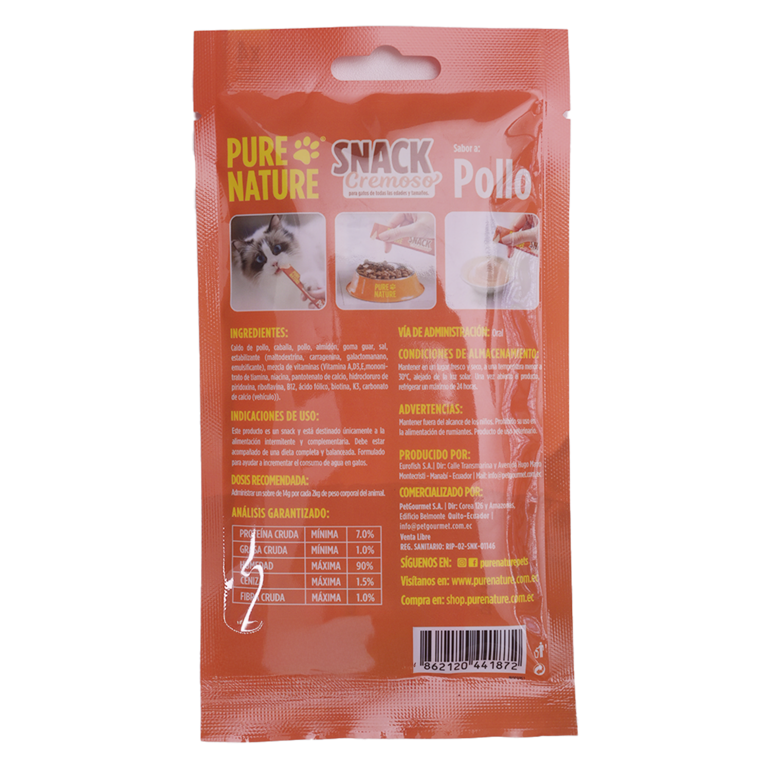 Snack Para Gatos Sabor Pollo Cremoso PURE NATURE 4 X 14 G