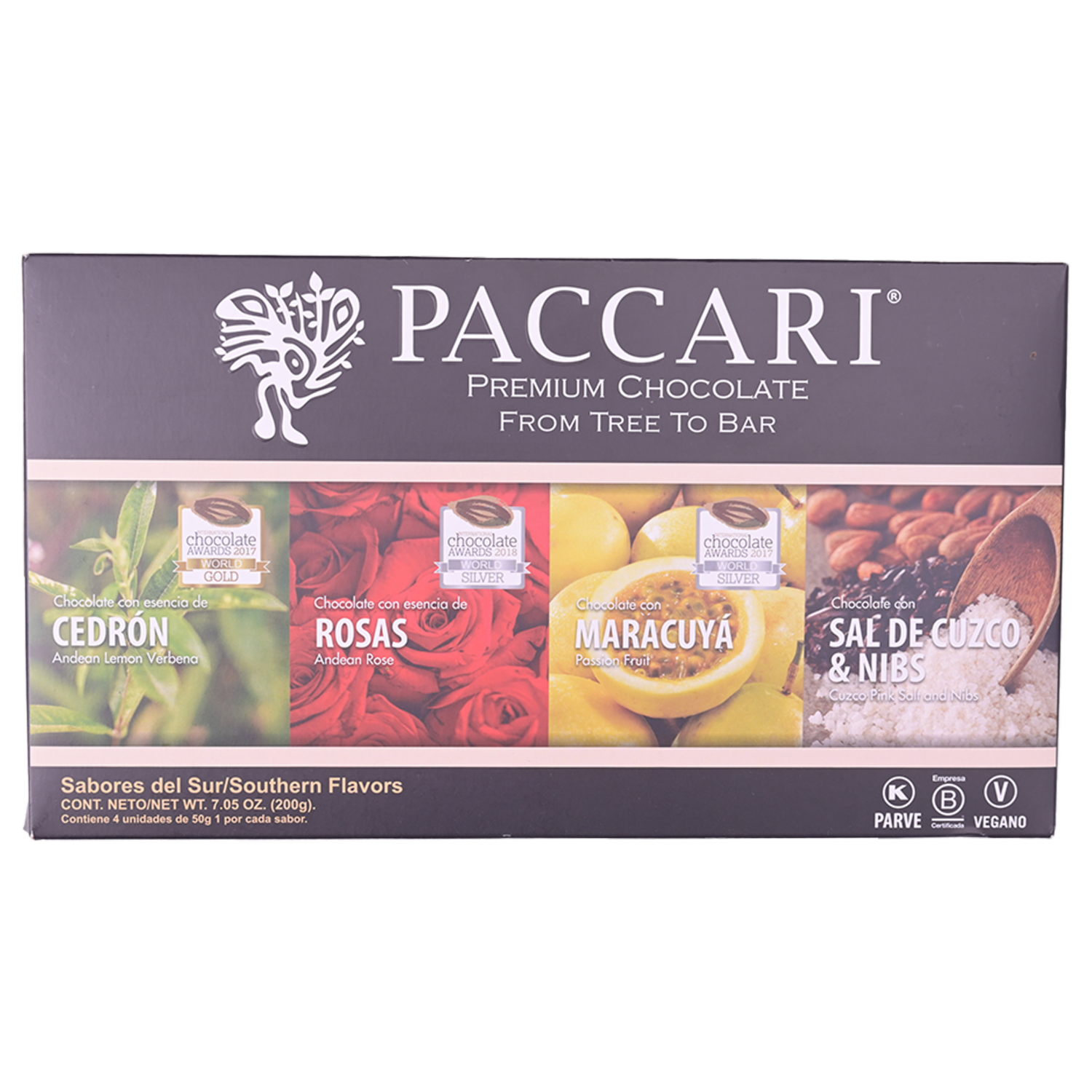 Chocolate Tabletas Cedron,Rosas,Maracuya,Sal De Cuzco Y Nibs PACCARI 200 G