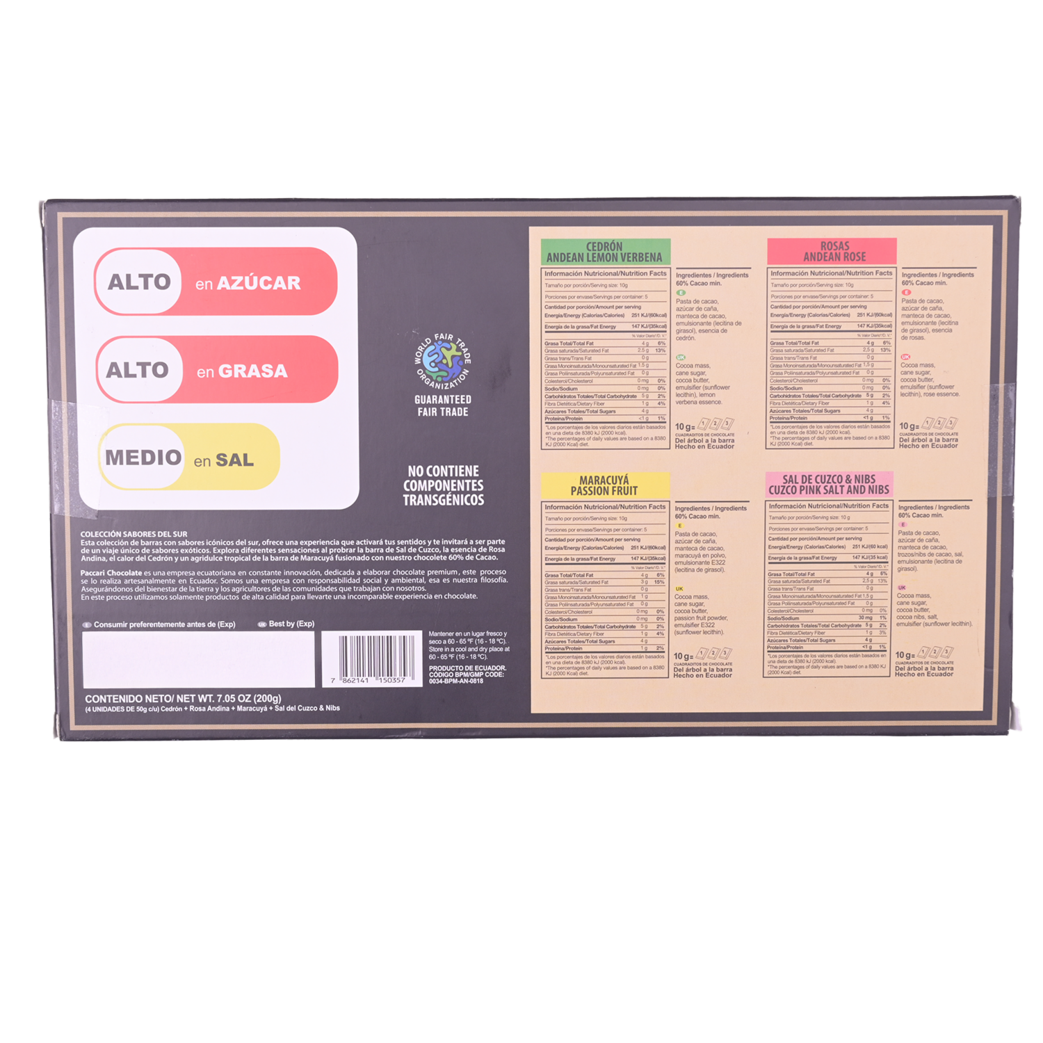 Chocolate Tabletas Cedron,Rosas,Maracuya,Sal De Cuzco Y Nibs PACCARI 200 G