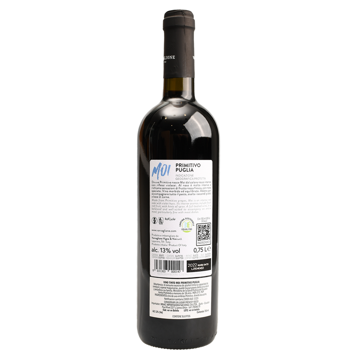 Vino Tinto Primitivo Puglia Moi VARVAGLIONE 750 Ml