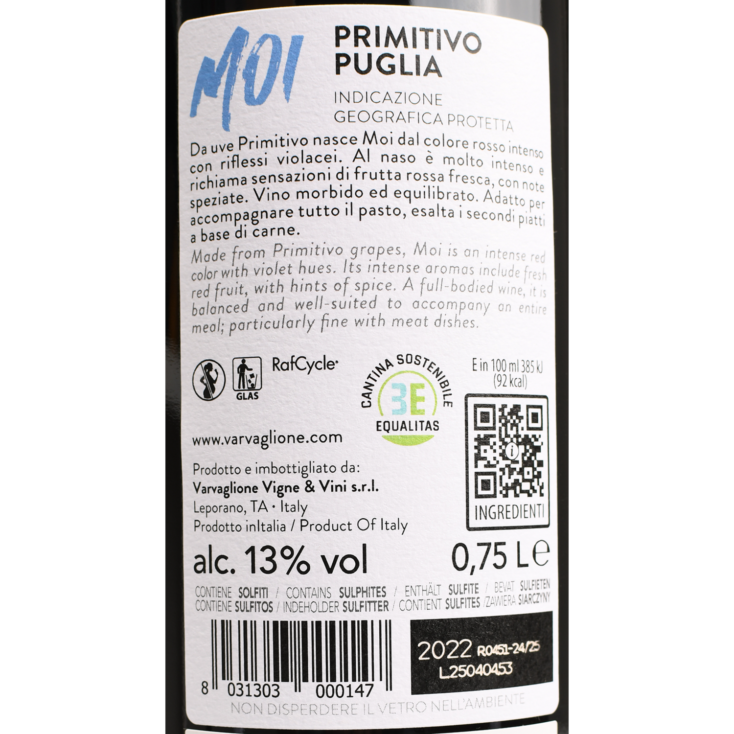Vino Tinto Primitivo Puglia Moi VARVAGLIONE 750 Ml