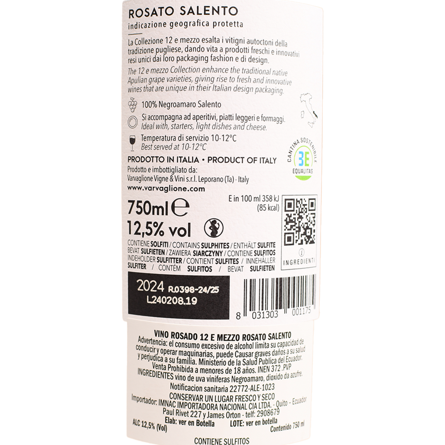 Vino Rosado Rosato Salento 12 E Mezzo VARVAGLIONE 750 Ml