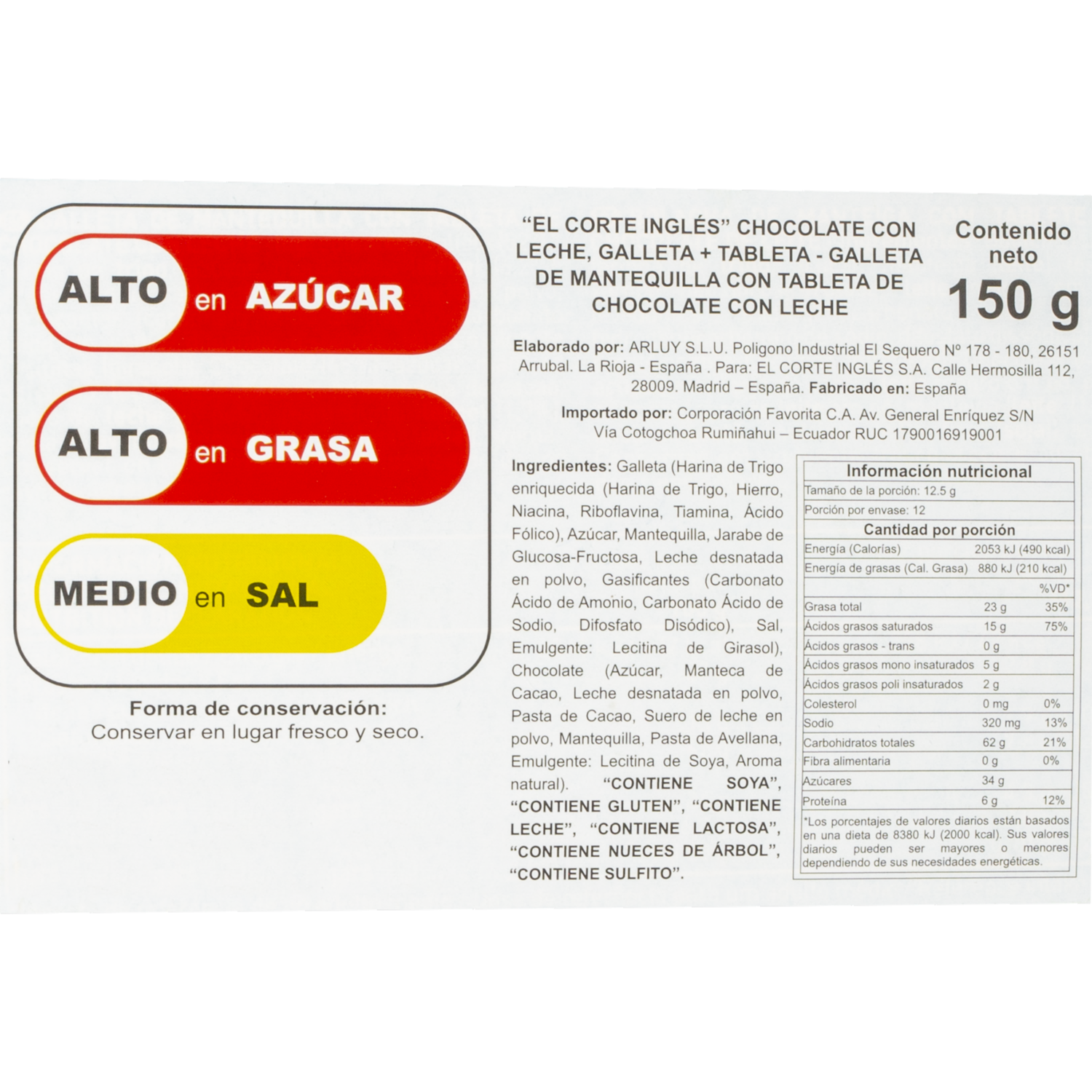 Galletas Dulces Con Tableta De Chocolate EL CORTE INGLÉS 150 G