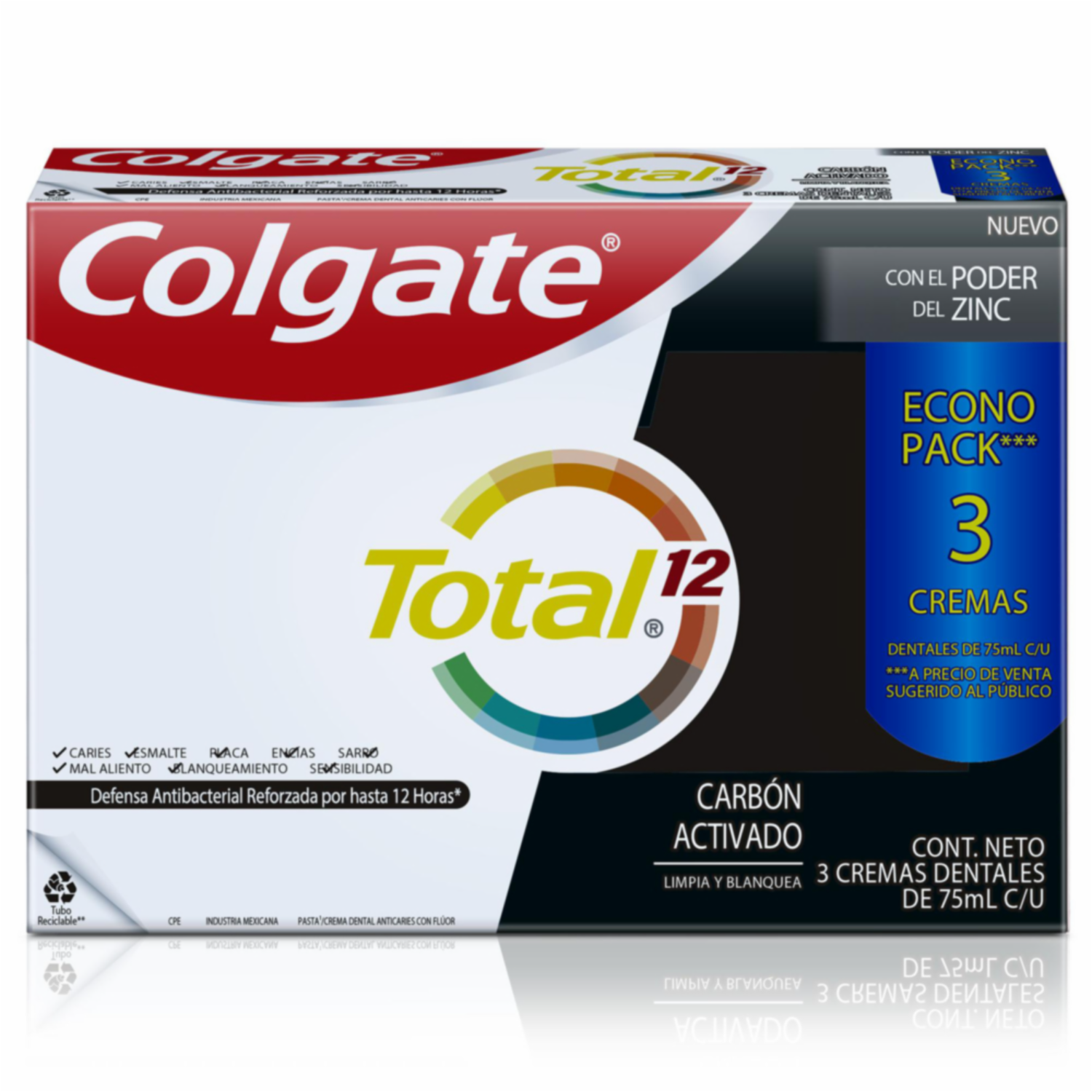 Pasta Dental Total 12 Carbón Activado Con Zinc COLGATE 3 X 75 Ml