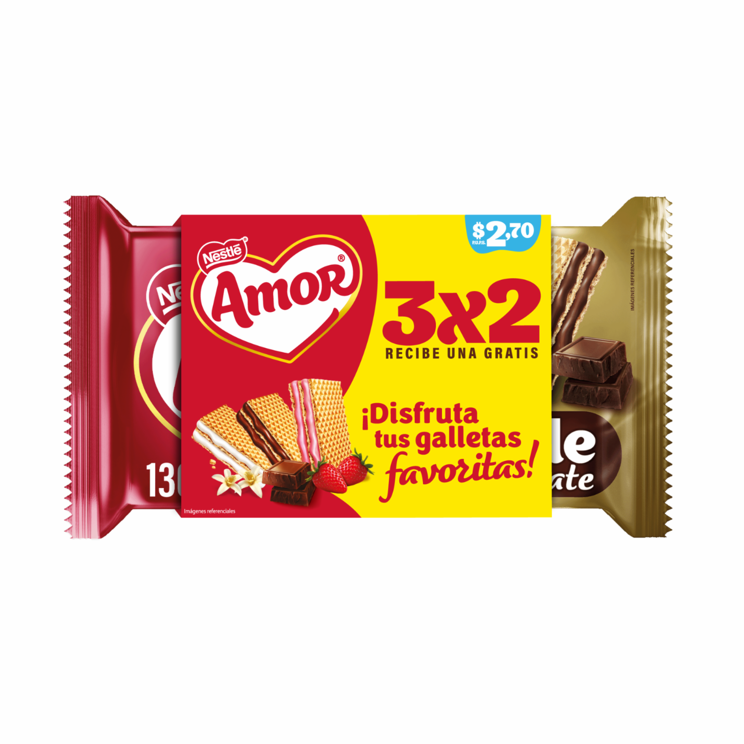 Galletas Dulces Waffer Doble Sabor A Chocolate +Vainilla + Fresa Pack 3X2 AMOR 390 G