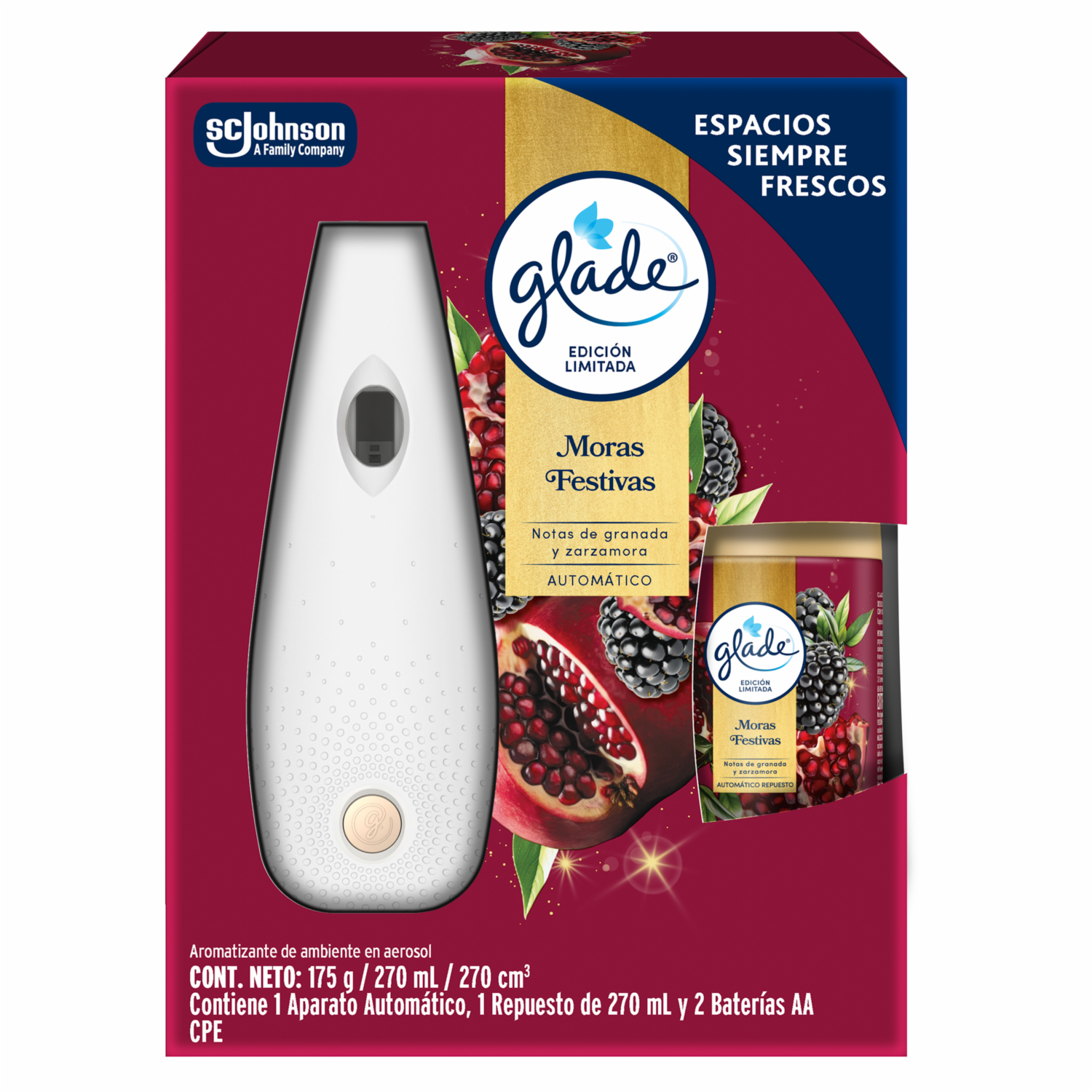 Ambiental Aromatizante Automático Edición Limitada Moras Festivas Aparato GLADE 270 Ml