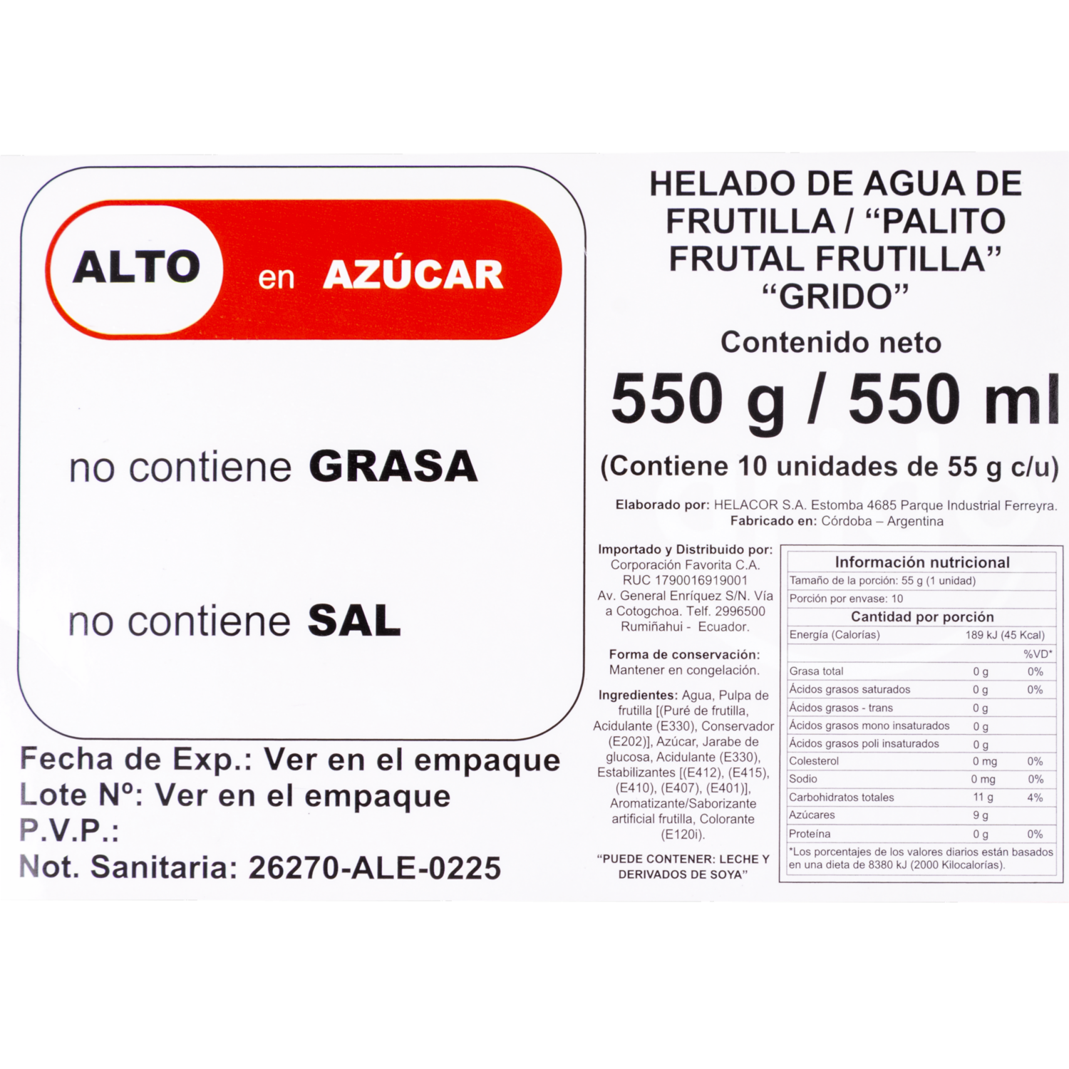 Helado Palito Frutal Sabor Frutilla GRIDO 10 X 55 G