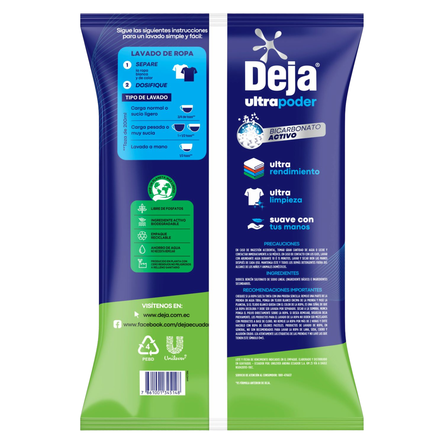 Detergente En Polvo Lavado Perfecto Limón + Bicarbonato DEJA 2 Kg