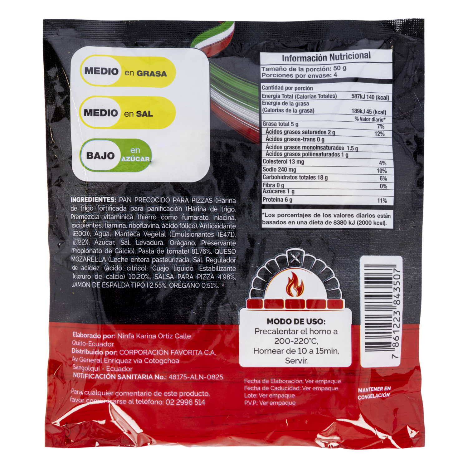 Pizza Congelada De Jamón Y Queso EL ARTESANAL 240 G