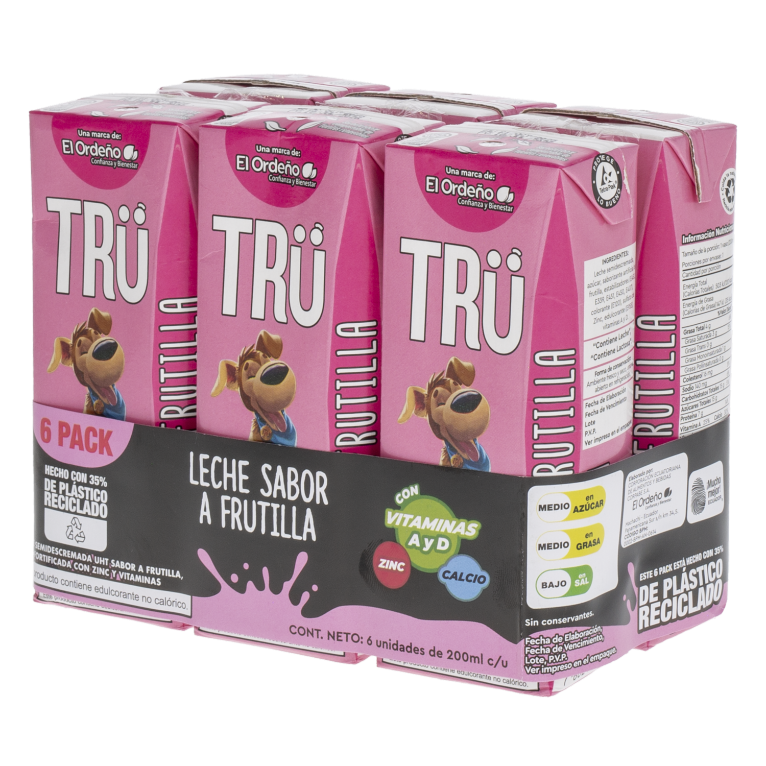 Leche Semidescremada Sabor A Frutilla TRÜ 6 X 200 Ml
