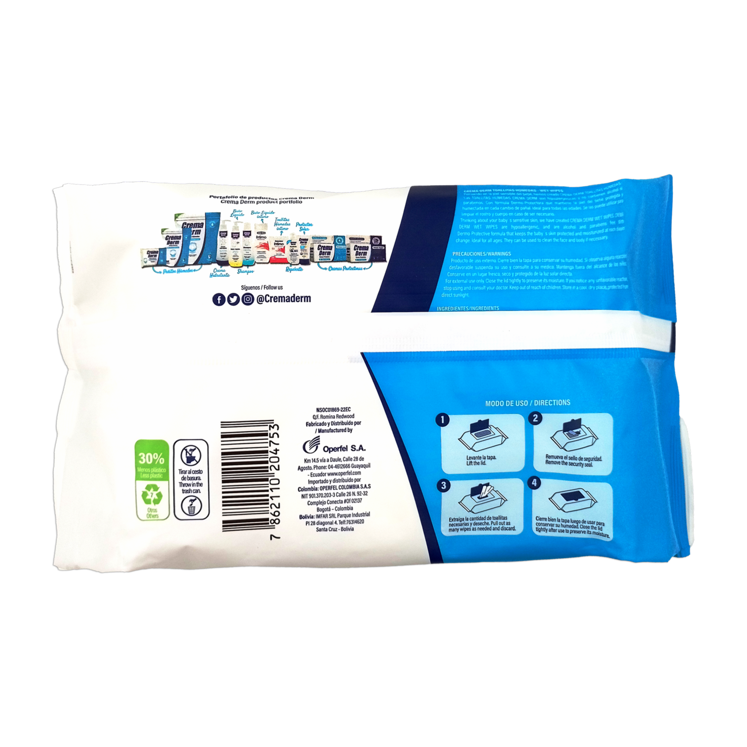Pañitos Húmedos 0% Alcohol Y Parabenos CREMA DERM X 100 Uds