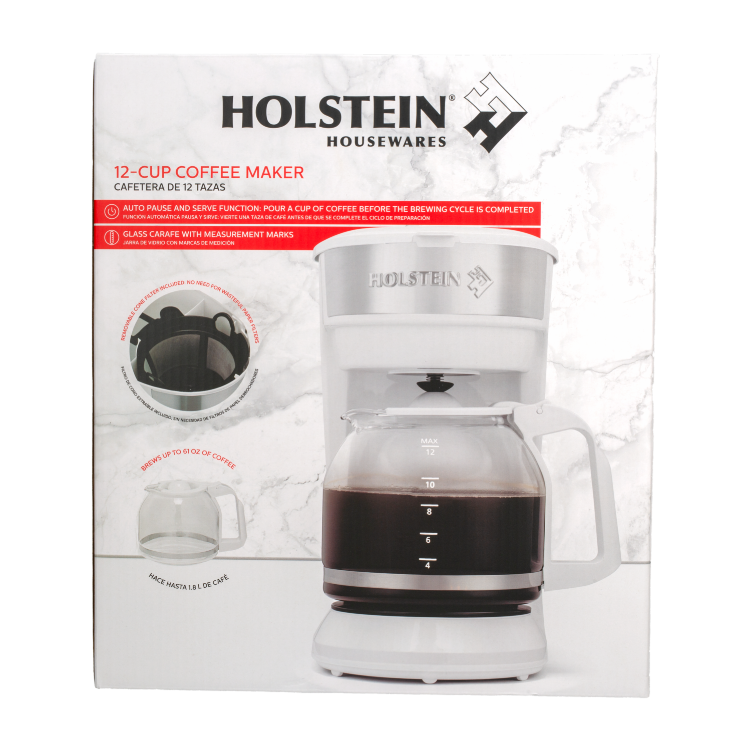 Cafetera Eléctrica Cromada Con Blanco HH-09101014W HOLSTEIN 12 Tazas