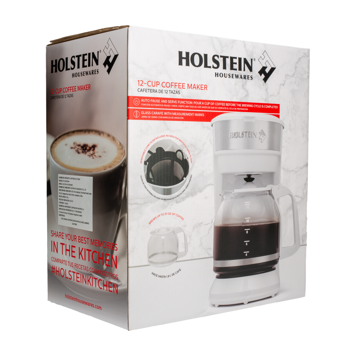 Cafetera Eléctrica Cromada Con Blanco HH-09101014W HOLSTEIN 12 Tazas