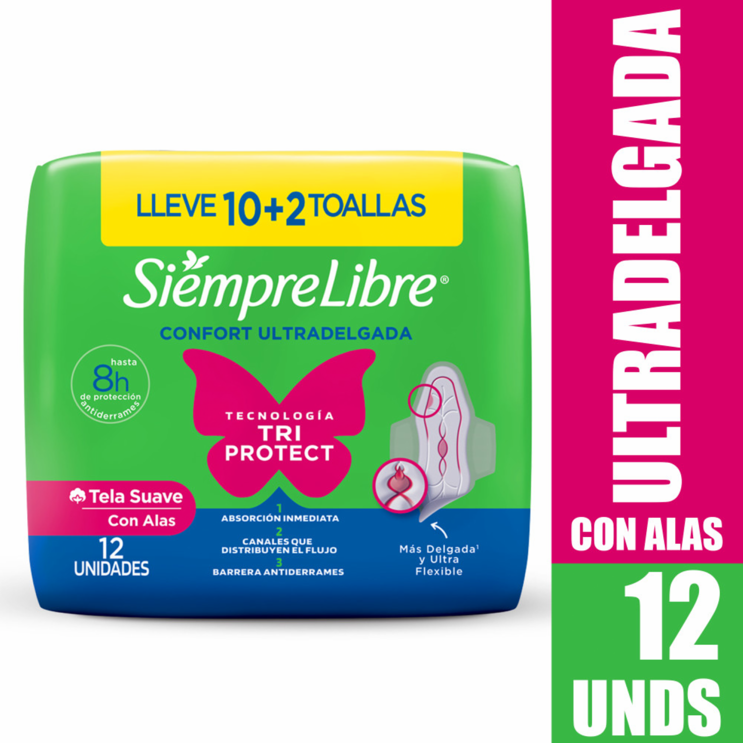 Toallas Sanitarias Adapt Plus Ultradelgada SIEMPRE LIBRE X 12 Uds
