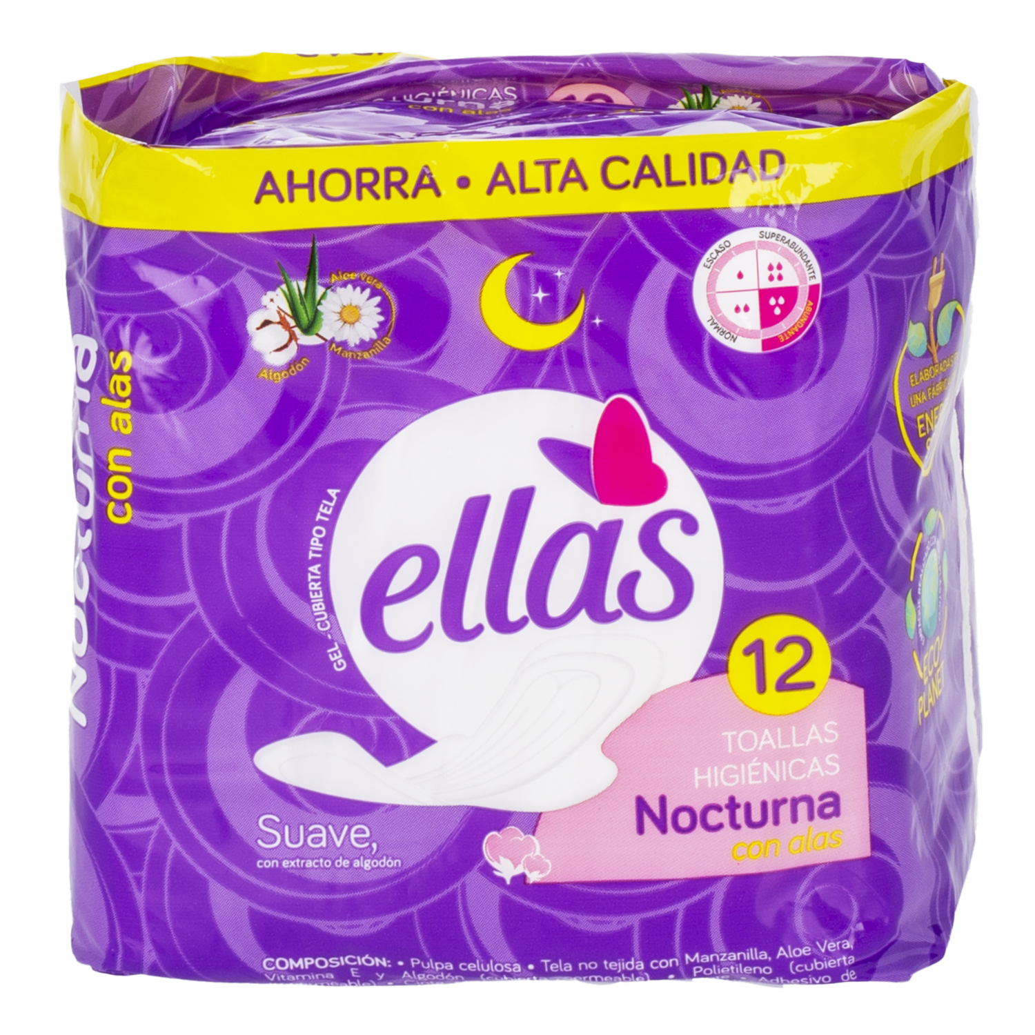 Toallas Hiegiénicas Nocturna Con Alas ELLAS X 12 Uds