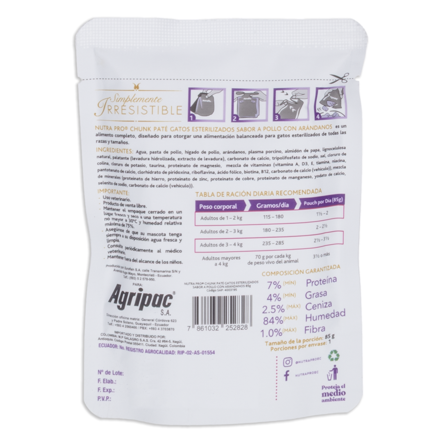 Alimento Húmedo Para Gatos Esterilizados Chunky Pate De Pollo NUTRAPRO 85 G
